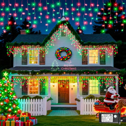 Vista 13 de Luces de carámbano para exteriores, 16.5 pies, 200 luces LED de Navidad para exteriores, impermeables, 8 modos de enchufe, cortina de luz conectable