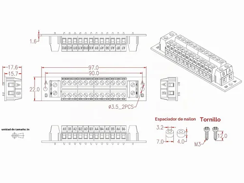 Vista 6 de OONO Módulo de distribución de bloque de terminales de 16 amperios, 2x12 posiciones para CA DC