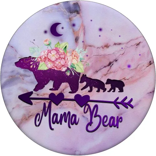 Vista 3 de Oso de mamá púrpura con dos cachorros sobre fondo rosa azul gris PopSockets intercambiable PopGrip