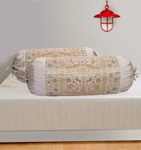 Vista 2 de Juego de 2 fundas de cojín de seda de brocado de jacquard étnico cilíndrico, perro caliente gris, masas de yoga, sala de estar, decoración