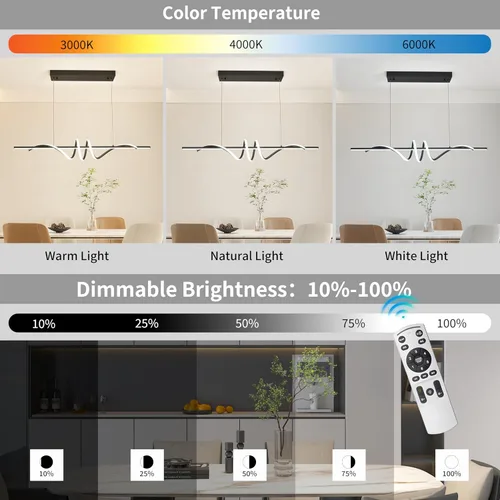 Vista 4 de Lámpara colgante LED moderna, lámpara de araña negra de 39.37 pulgadas regulable con control remoto y teléfono, temperatura de color ajustable