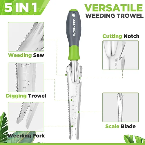 Vista 3 de WORKPRO Extractor de malezas manual, pala de jardín de acero inoxidable de 5 en 1 con mango suave, herramienta de jardinería para fácil remoción