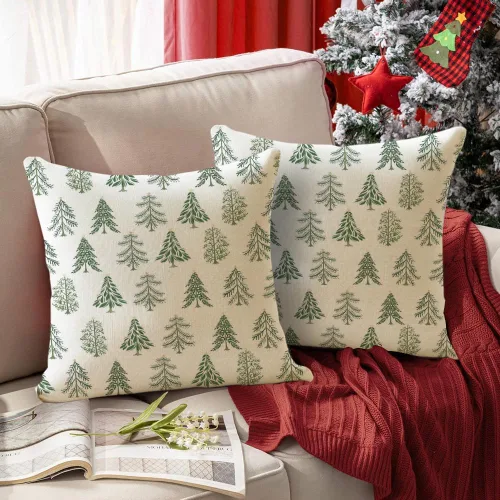 Vista 4 de RABUSOFA Juego de 2 fundas de almohada de Navidad de 18 x 18 pulgadas, decoración de árbol de Navidad, almohadas decorativas blancas, decoración