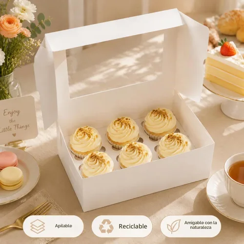 Vista 3 de Pralb Paquete de 20 cajas blancas para cupcakes con insertos, 6 soportes, cajas blancas estándar de panadería con ventana de PVC, recipientes