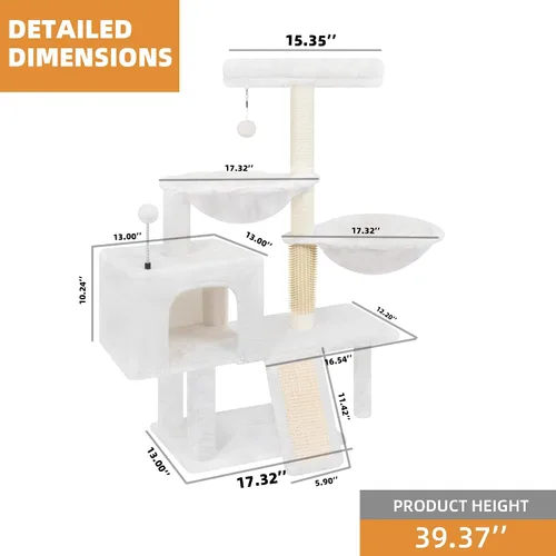 Vista 3 de ROYPET Árbol para gatos con condominio para gatos y dos hamacas, torre para gatos con postes rascadores y almohadillas para rascar, color beige