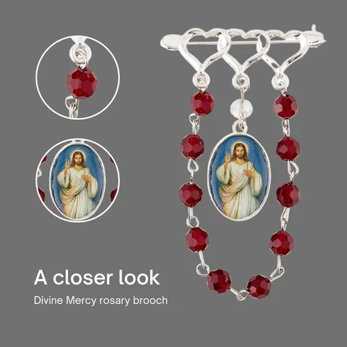 Vista 4 de Broche Divine Misericordia tono plateado con cuentas de cristal y dije epoxi imagen del rosario de Jesucristo medalla católica regalos religiosos