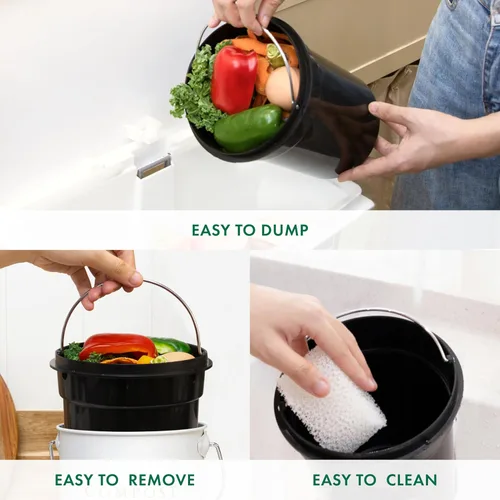Vista 5 de Cubo de compost de 1.3 galones blanco para interior, sin olor, con tapa, para compostaje de residuos de alimentos, contenedor de cocina, contenedor