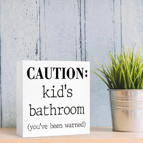Vista 6 de Letrero de madera para baño de niños, divertido letrero de madera de precaución para el baño de niños, estante de baño, estantes de baño, decoración