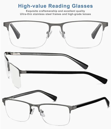 Vista 5 de EYECEDAR Paquete de 5 lentes de lectura para hombre, marco de acero inoxidable ultrafino, bisagras de resorte de metal, lectores para hombres