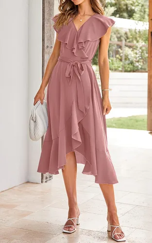Vista 3 de PRETTYGARDEN Vestido largo cruzado de verano para mujer, estilo casual, bohemio, cuello en V profundo, manga corta, dobladillo con volantes, vestido