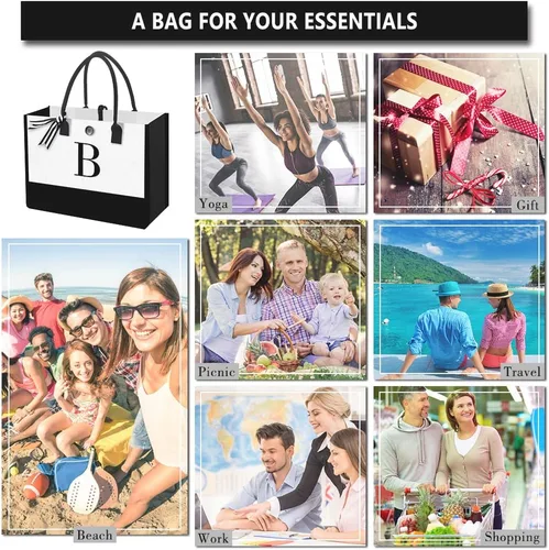 Vista 7 de Bolsa de playa de lona para mujer, bolsa grande de lona personalizada con bolsillo con cremallera, regalos para amigos, novia, despedida de soltera