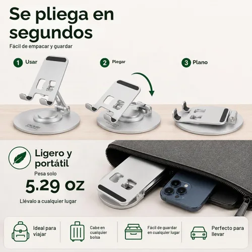 Vista 6 de Uncaged Ergonomics Adjustable/Foldable Swivel Phone Stand for Desk (Silver)