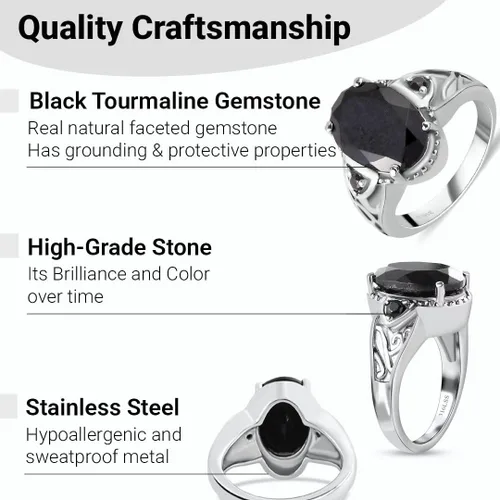 Vista 4 de Black Tourmaline Ring Spinel - Birthstone Rings for Women - Engagement Promise Statement Vintage Stainless Steel Tourmaline Jewelry Birthday