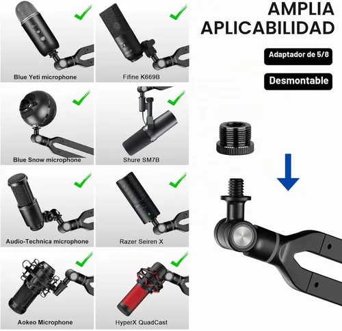 Vista 6 de Brazo de suspensión para micrófono Aokeo AK-45, soporte de escritorio ajustable y compacto para micrófono de suspensión tipo tijera para Blue Yeti