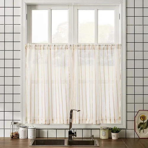Vista 6 de MRTREES Cortinas de cocina semitransparentes a rayas, cortinas de lino con textura de lino para baño, sala de estar, casa rodante rústica