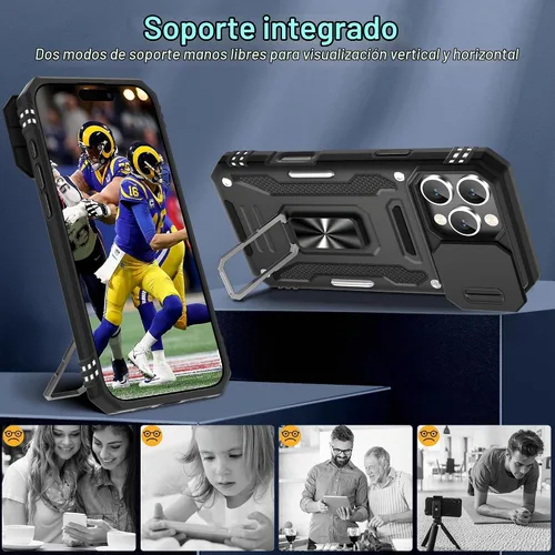 Vista 4 de DEERLAMN Funda para iPhone 16 Pro con cubierta deslizante para cámara + protector de pantalla (2 unidades), soporte de anillo giratorio de grado
