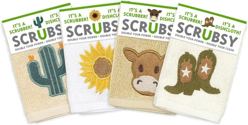 Vista 15 de MÜkitchen SCRUBSY 100% Cotton Kitchen Dish Cloth with Built in Scrubber Kit Various Designs and Super Absorbent Set of 4 (Avian)