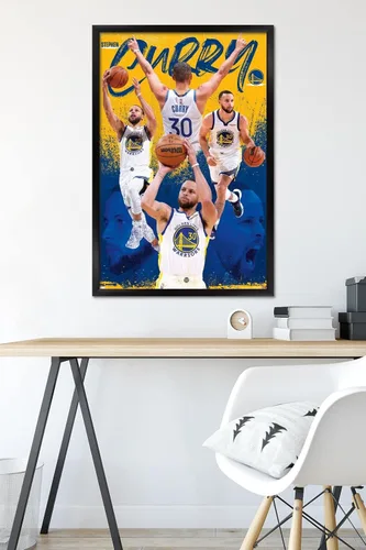 Vista 6 de Trends International NBA Golden State Warriors - Póster de pared de Stephen Curry 22, 22.375 x 34 pulgadas, versión enmarcada en negro