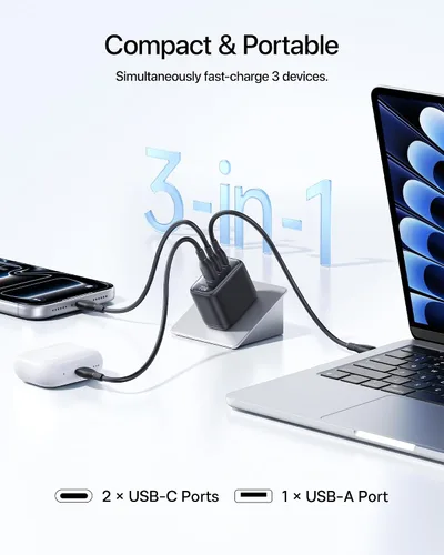 Vista 5 de Baseus Enerfill - Cargador USB C de 70 W, bloque de carga rápida de 3 puertos con enchufe plegable, cargador de ladrillo de pared GaN tipo C