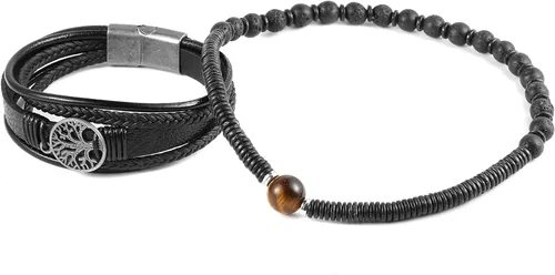 Vista 4 de HZMAN Pulseras de cuero genuino con diseño de árbol de la vida para hombres y mujeres, diseño de ojo de tigre, piedra natural, cuentas de roca