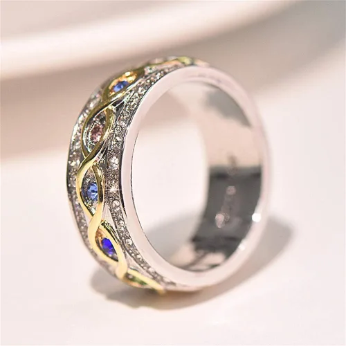 Vista 3 de Anillo de plata de ley 925 con zafiro rubí y oro de 18 quilates, anillo de compromiso de eternidad, anillo de compromiso de boda para mujer