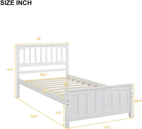 Vista 2 de Marco de cama de plataforma de tamaño individual, cama de plataforma de madera con cabecera y soporte de listones, muebles de dormitorio para niños