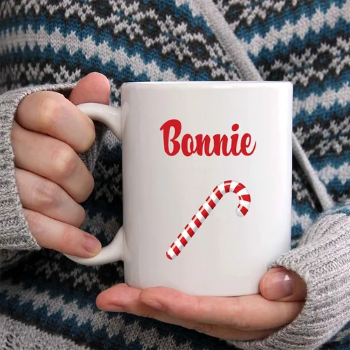 Vista 2 de Bonnie Taza de café – Taza de cerámica personalizada de bastón de caramelo con nombre, taza personalizada, regalo personalizado