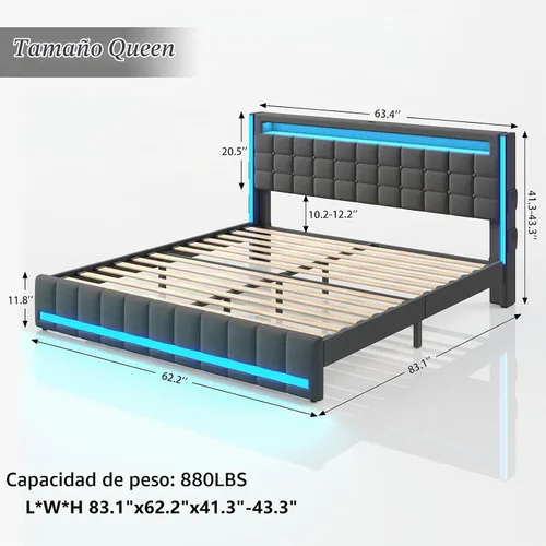 Vista 2 de Marco de cama Queen con cabecero, marco de cama LED tapizado, sin somier Base de cama tapizada tamaño queen con estación de carga tipo C y USB