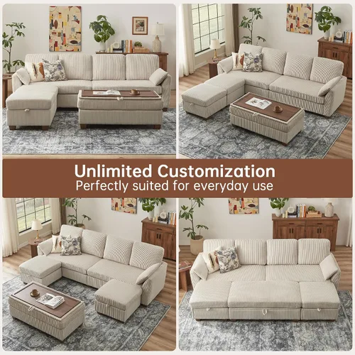 Vista 9 de Sofá en forma de U de 102.3 pulgadas con 2 otomanas móviles y 1 mesa auxiliar, se convierte en sofá cama, incluye 2 almohadas para reposabrazos