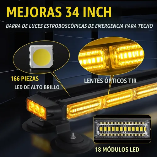 Vista 2 de Barra de luces estroboscópicas de techo de 34 pulgadas con 166 LED, intermitentes, luz de advertencia, asesor de tráfico, luz de emergencia, base