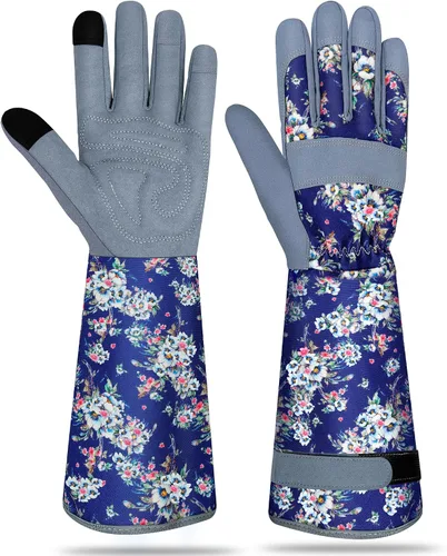 Vista 8 de Guantes largos de jardinería para mujer, guantes de cuero a prueba de espinas, guantes de trabajo transpirables para mujeres, patio, exteriores