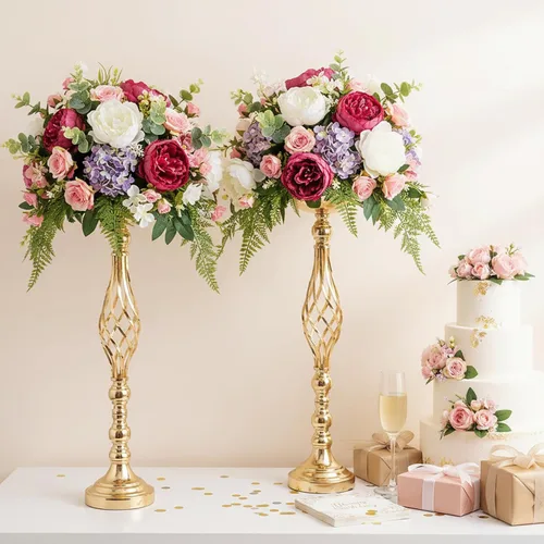 Vista 20 de 2 piezas de centros de mesa de boda para mesas de recepción, soportes de velas retorcidas, adornos, centros de mesa de metal con jarrón de flores