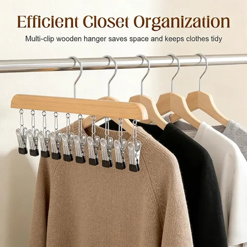 Vista 4 de Organizador de armario con 10 clips, organizador colgante de armario ajustable de madera para armario, colgador de pantalones de acero inoxidable