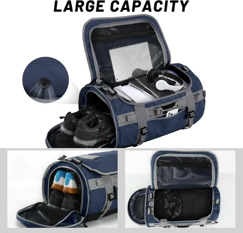 Vista 39 de MIER Mochila deportiva grande con compartimento para zapatos, resistente y resistente al agua, azul marino, 45L
