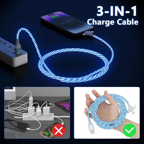 Vista 6 de Cable de carga para iPhone 3 en 1 con luz LED, relámpago/tipo C/micro USB para automóvil RGB brillante para Apple iPhone 15/14/13/12/11 Pro