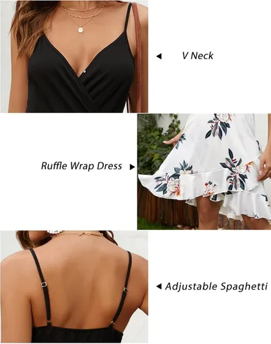 Vista 7 de ULTRANICE Vestido cruzado con cuello en V y estampado floral para mujer, estilo informal de verano, tirantes delgados ajustables, con volantes