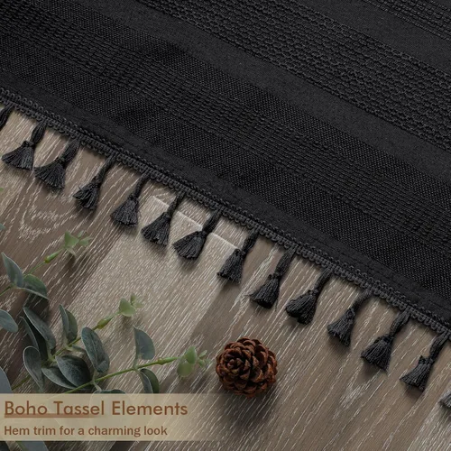 Vista 5 de OVZME Cortina de ducha bohemia negra, cortina de ducha estrecha de tela suave a rayas de lino texturizado con borla, moderna decoración de baño