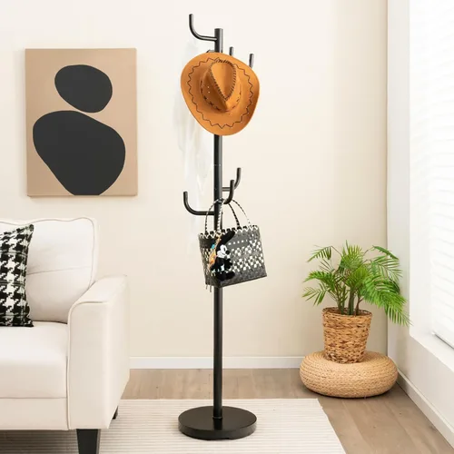 Vista 3 de Tangkula Perchero independiente, árbol de metal resistente con 8 ganchos, soporte para colgar abrigos con base ampliada de 13 pulgadas, árbol