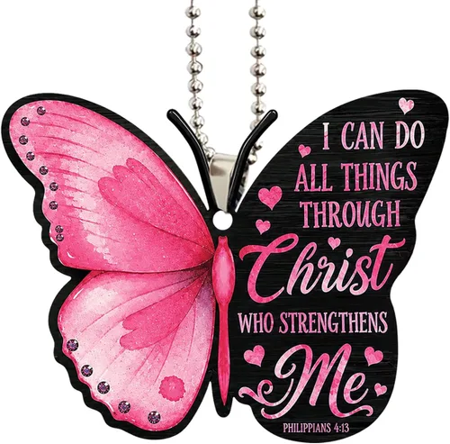Vista 7 de Talataca Mariposa rosa con texto en inglés "I Can Do All Things Through Christ Strengthens Me" 2D Flat Car Rear View Mirror Accessories Christmas