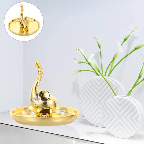 Vista 8 de OUNONA Plato de cerámica para joyas, bandeja para anillos, pulseras, aretes, plato de elefante dorado, adorno de escritorio para decoración