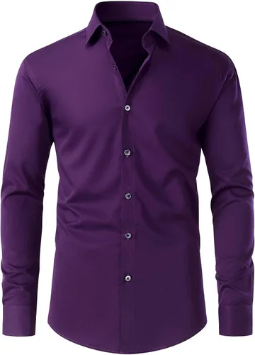Vista 2 de Gollnwe Camisa de vestir elástica de bambú para hombre con puños franceses