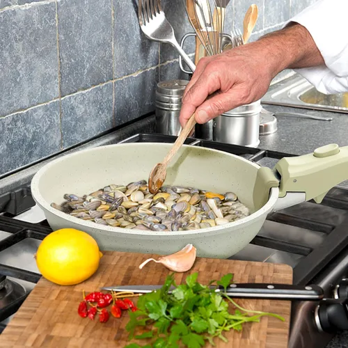 Vista 7 de Juego de 11 piezas de ollas y sartenes, juego de utensilios de cocina con asas extraíbles, apto para lavavajillas y horno, juego de cocina