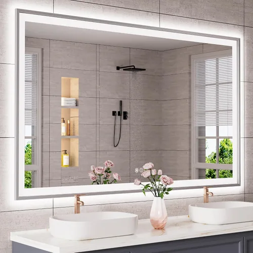 Vista 18 de Espejo de baño LED de 24x28 pulgadas con marco negro, espejos de baño retroiluminados y con luz frontal para pared, antiempañamiento, regulable