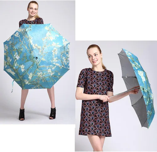 Vista 6 de GLODEALS - Paraguas automático de pintura al óleo paraguas plegable automático anti rayos UV protección solar sombrilla para lluvia y sol para mujer