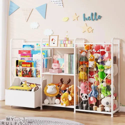 Vista 9 de BBLIKE Organizador de almacenamiento de animales de peluche 3 en 1, almacenamiento de juguetes con estantería para niños y soporte grande