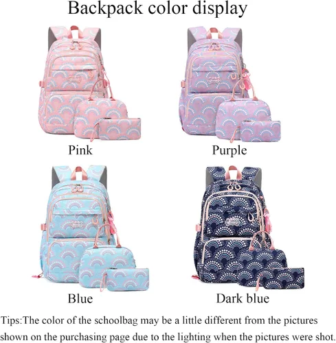Vista 2 de Mfikaryi Mochila de escuela primaria para niñas, bolsa impermeable para estudiantes con lonchera y estuche para lápices, Azul oscuro