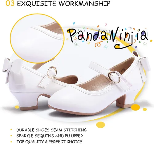 Vista 5 de PANDANINJIA Vestido de jada para niñas y niños pequeños, zapatos de princesa Mary Jane con tacones con lazo para fiesta, boda, boda