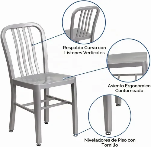 Vista 4 de Flash Furniture Silla de metal plateado de grado comercial para interiores y exteriores
