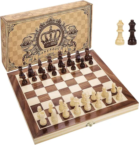 Vista 8 de AMEROUS Juego de ajedrez magnético de madera de 12 x 12 pulgadas para niños y 6 años en adelante, 2 reinas adicionales, tablero plegable con ranuras