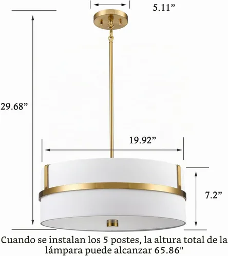 Vista 5 de HYDELITE Moderna lámpara colgante dorada de 4 luces con pantalla de lino de Dorado